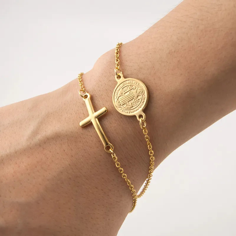 Pulseira Fio Duplo Crucifixo e Medalha de São Bento