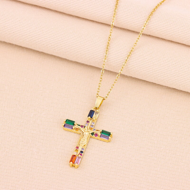 Colar Crucifixo em Mosaico de Zircônias