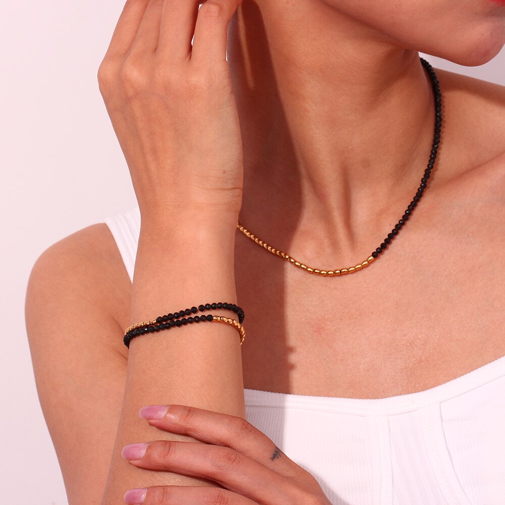 Conjunto Colar e Pulseira Obsidiana e Ouro 18K