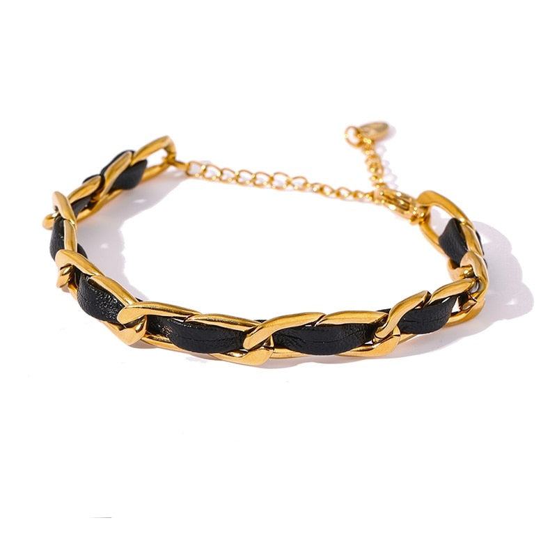 Pulseira Lohan Couro e Ouro 18k ou Prata 925