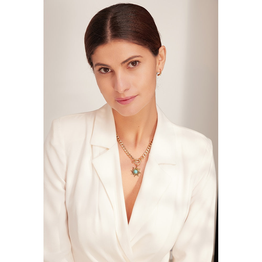 Colar Grumet Sol em Pedra Natural e Ouro 18K