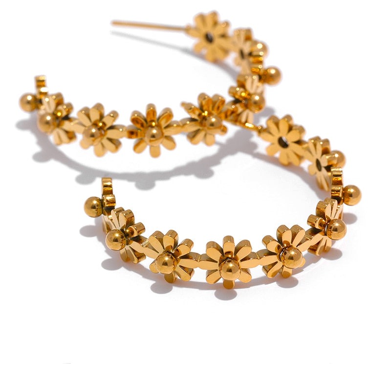 Brinco Hoop Mini Margaridas em Ouro 18K