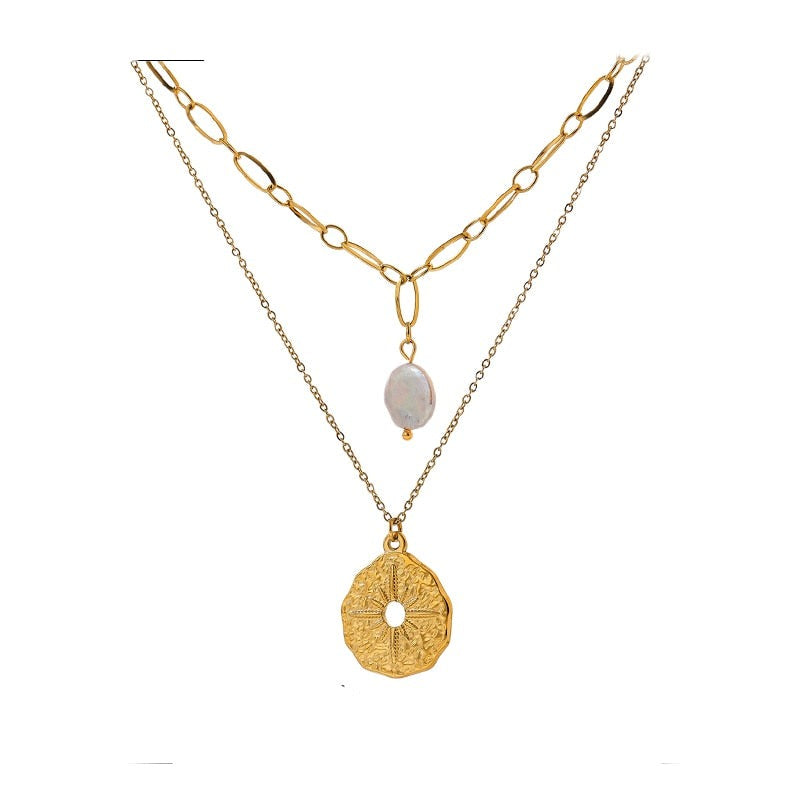 Conjunto 2 Colares de Pérola e Rosa dos Ventos em Ouro 18K