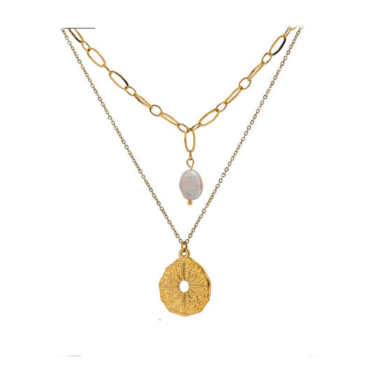 Conjunto 2 Colares de Pérola e Rosa dos Ventos em Ouro 18K