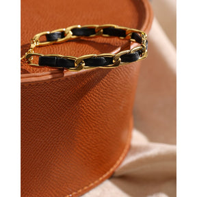 Pulseira Lohan Couro e Ouro 18k ou Prata 925