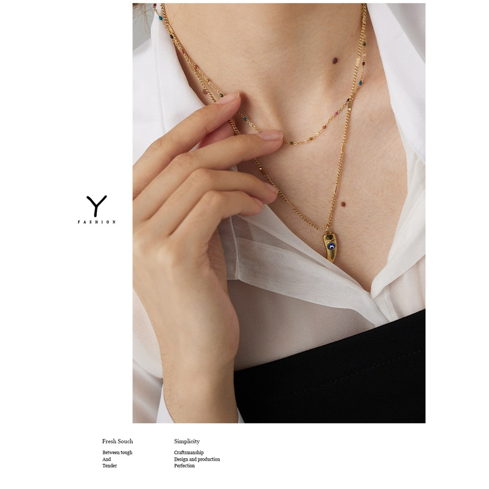 Conjunto de 2 Colares Olho Grego e Pedras Naturais em Ouro 18K