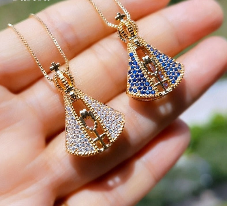 Colar Nossa Senhora Aparecida Dupla Face Manto de Zircônias