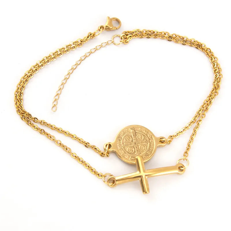 Pulseira Fio Duplo Crucifixo e Medalha de São Bento