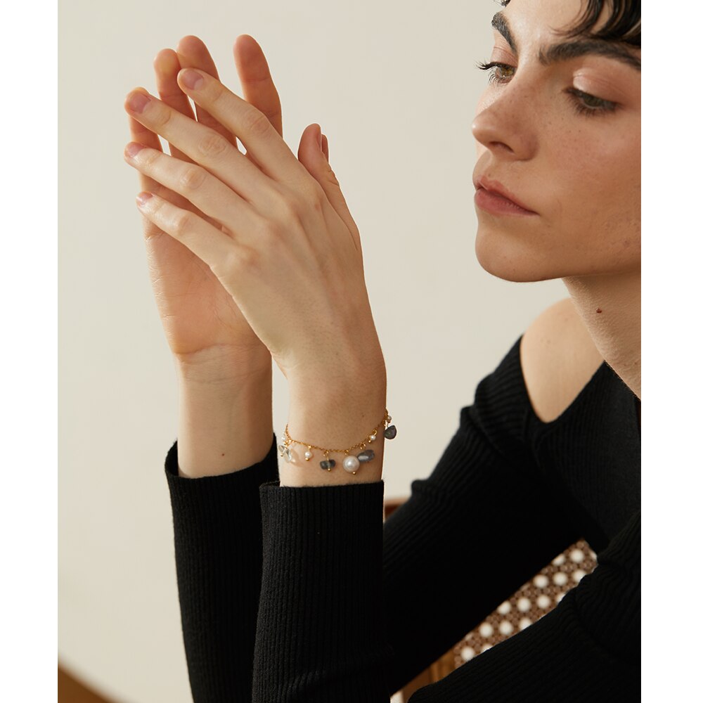 Pulseira Pedras Naturais e Pérolas Barrocas em Ouro 18K