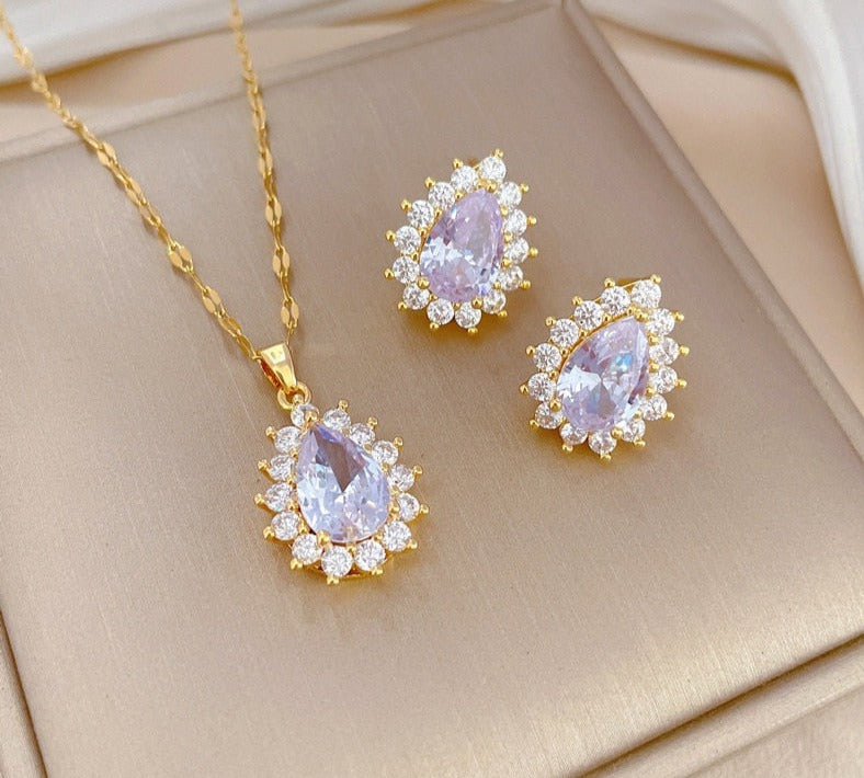 Conjunto Colar e Brincos Cristal Banho em Ouro 18K