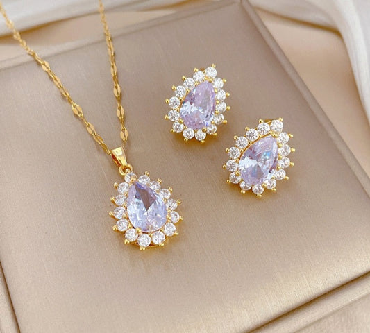 Conjunto Colar e Brincos Cristal Banho em Ouro 18K