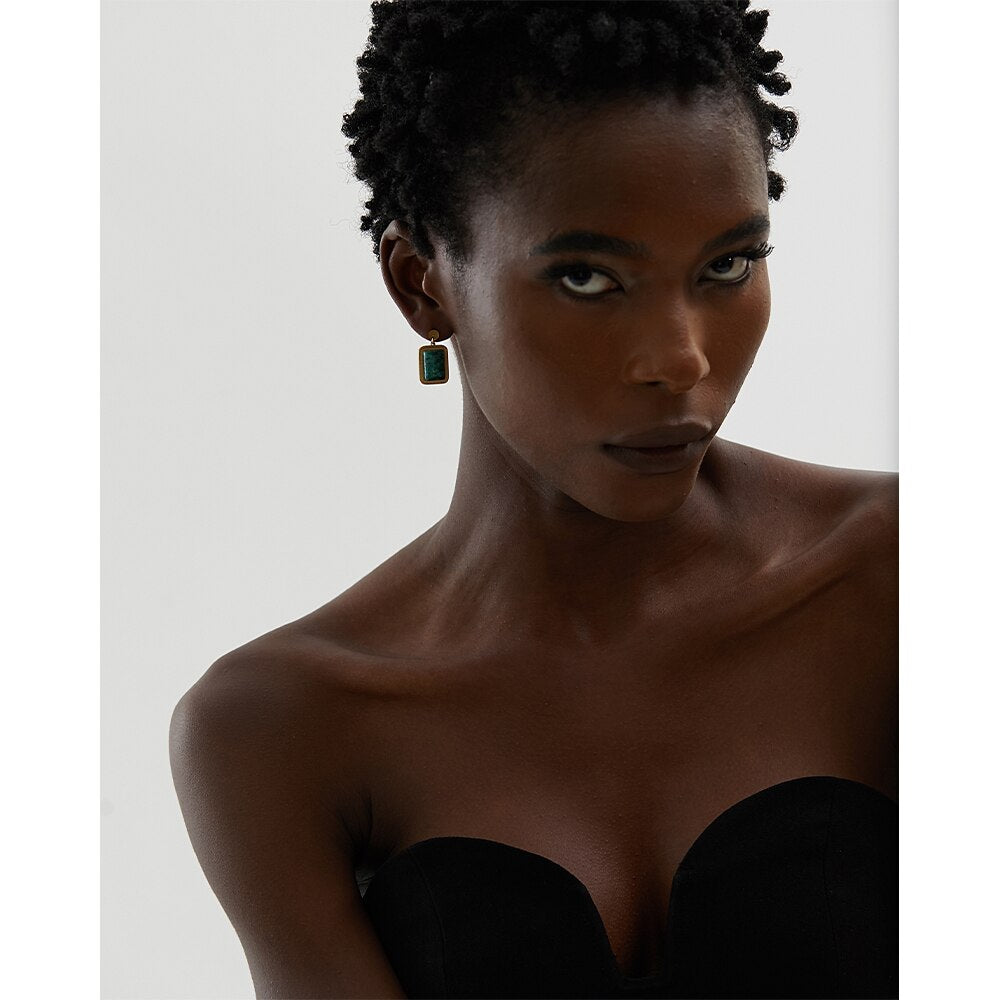 Brinco Square Quadrado com Turquesa Africana Ouro 18K