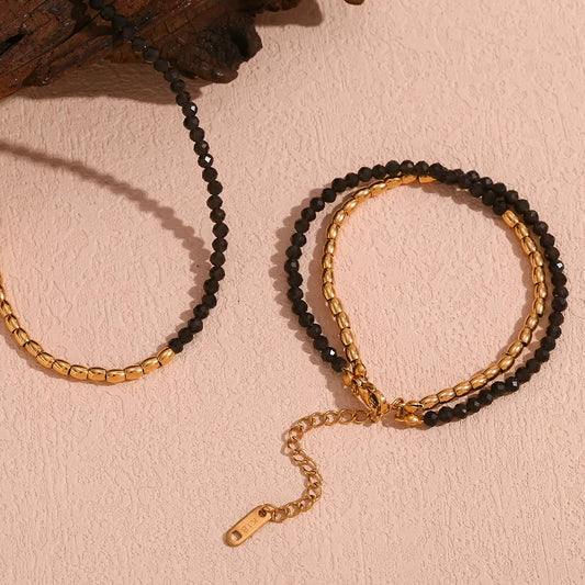Conjunto Colar e Pulseira Obsidiana e Ouro 18K