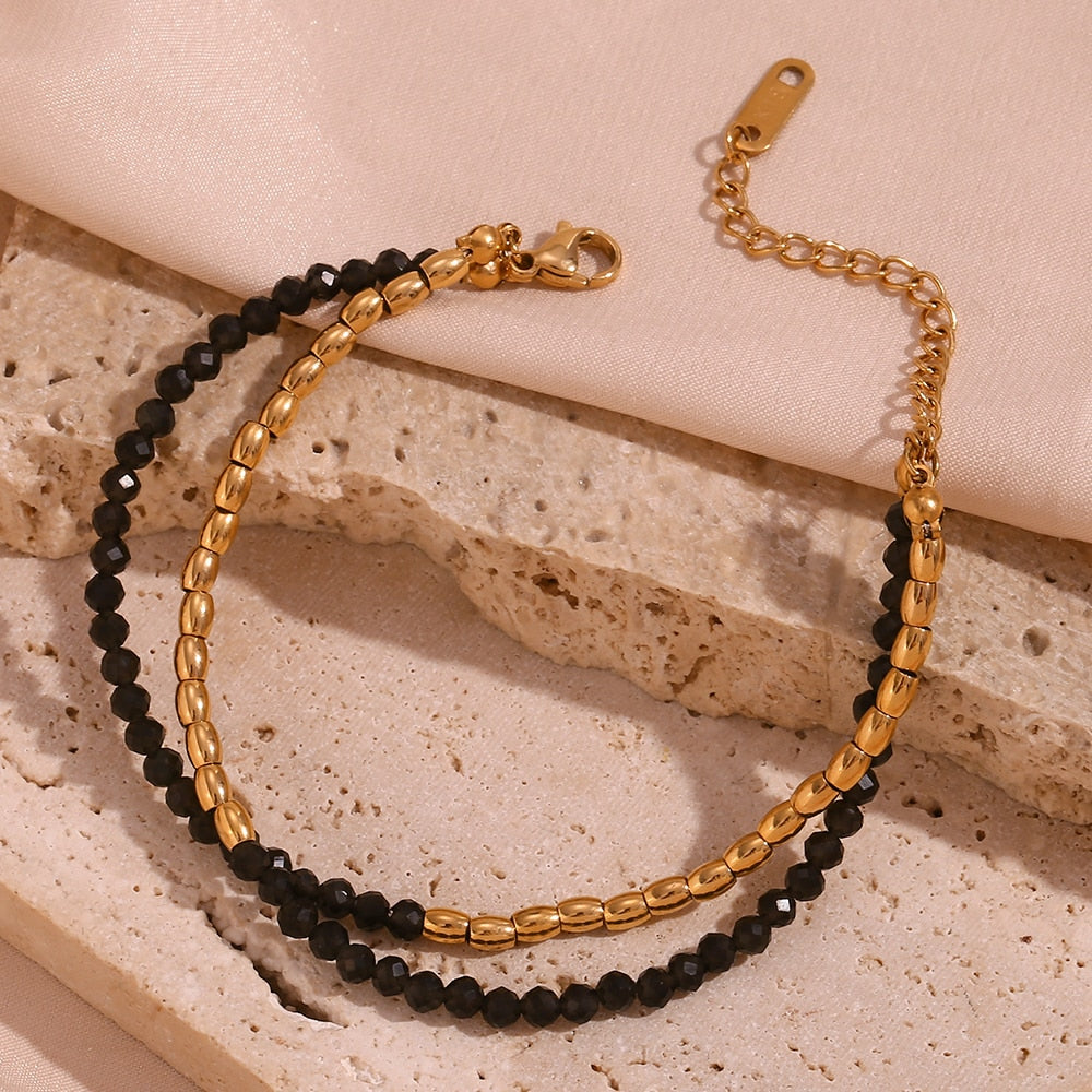 Conjunto Colar e Pulseira Obsidiana e Ouro 18K