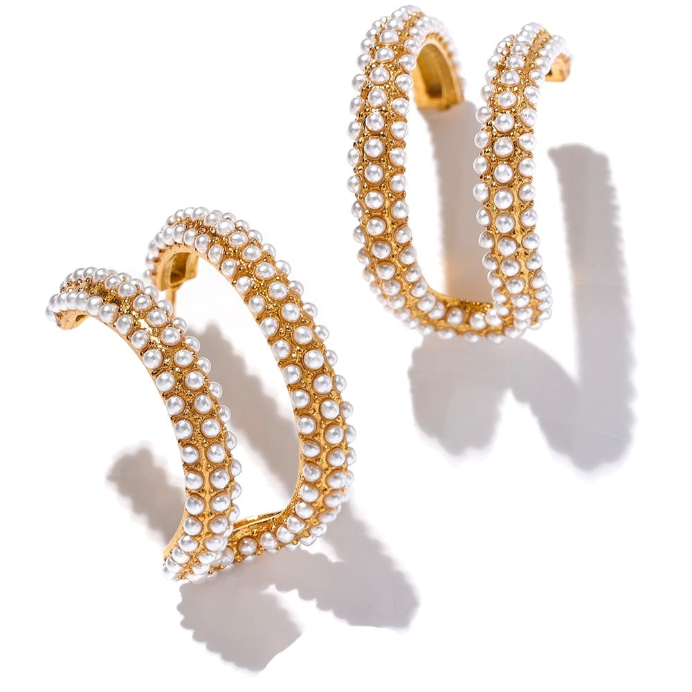 Brinco Argolas Duplas Cravejado de Pérolas e Ouro 18K