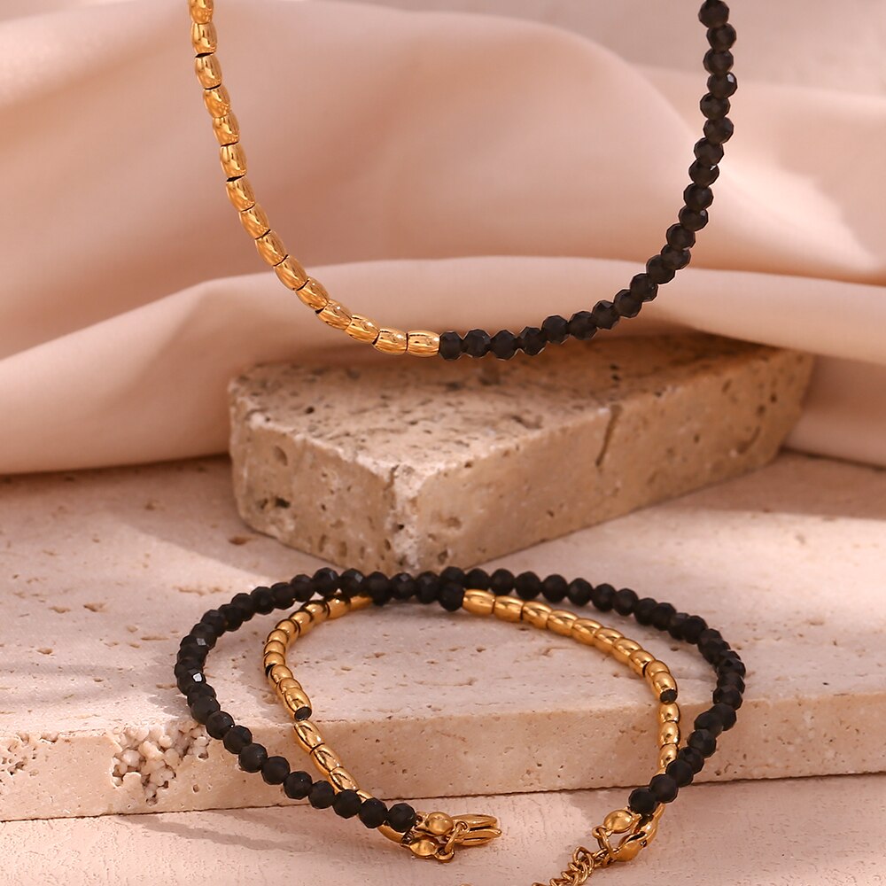 Conjunto Colar e Pulseira Obsidiana e Ouro 18K