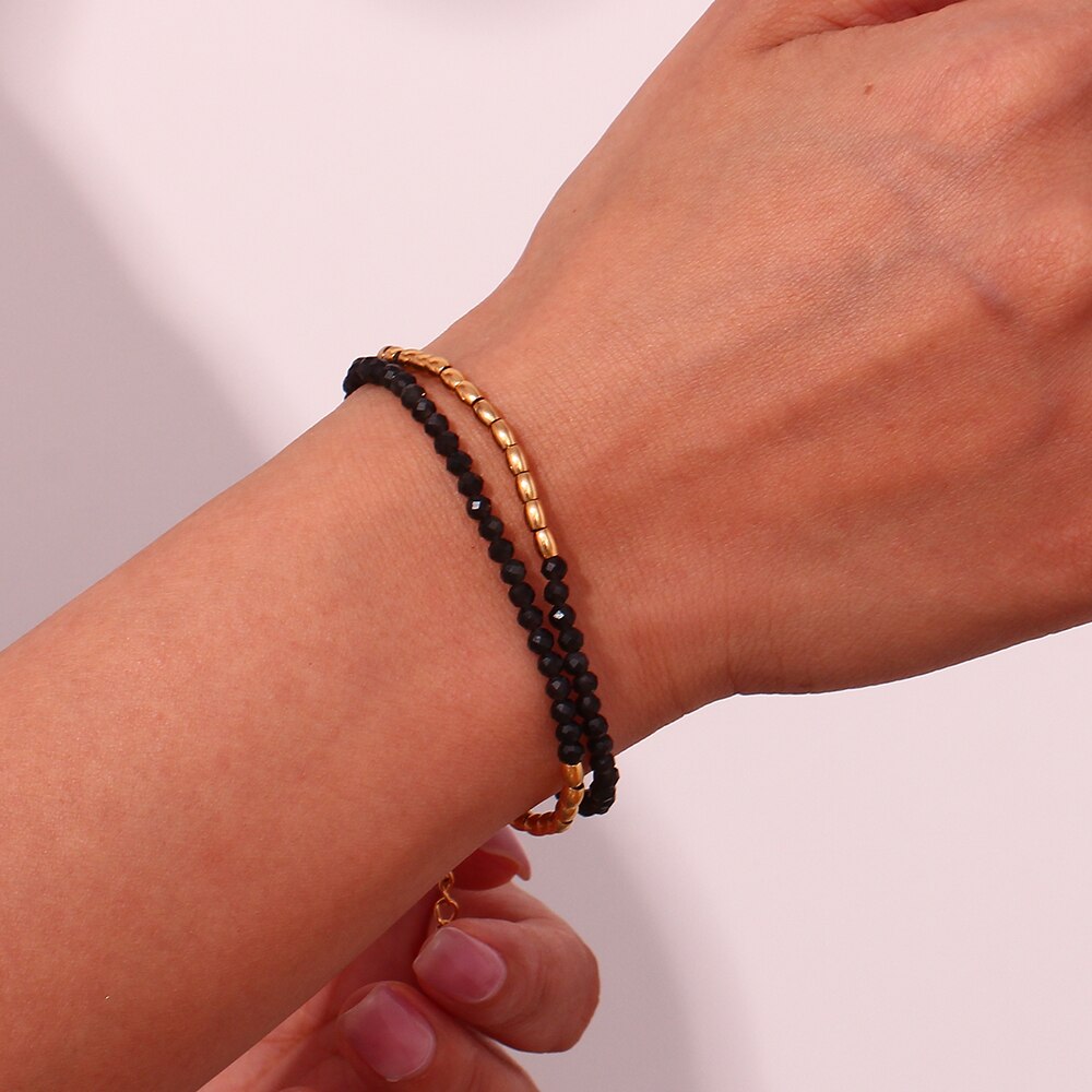 Conjunto Colar e Pulseira Obsidiana e Ouro 18K