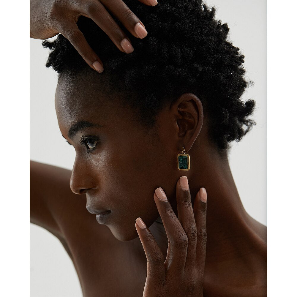 Brinco Square Quadrado com Turquesa Africana Ouro 18K