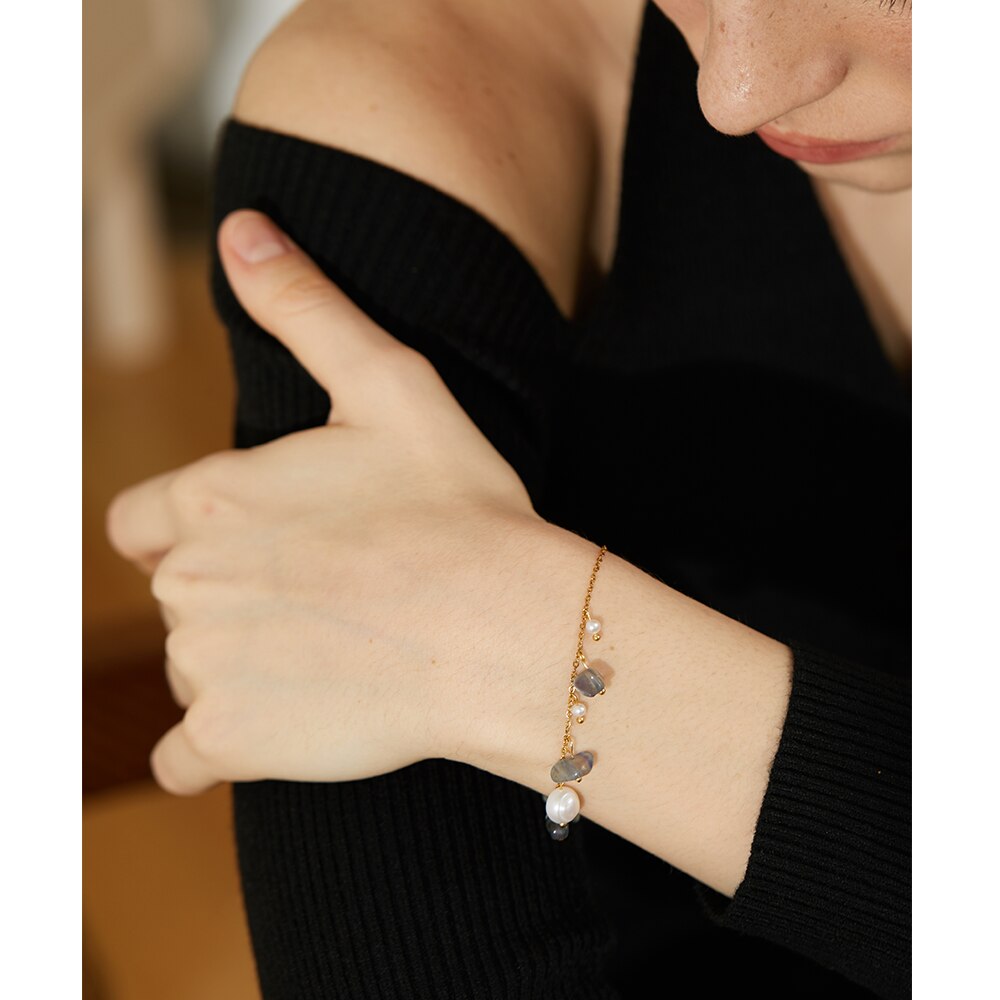 Pulseira Pedras Naturais e Pérolas Barrocas em Ouro 18K