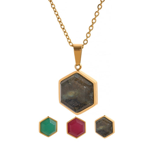 Colar Pedra Ágata Hexagonal em 2 Cores